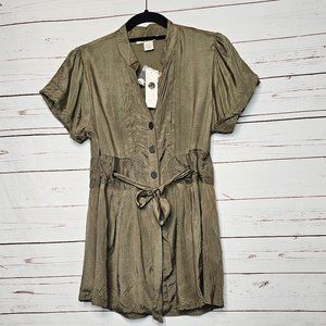 Flutterbye Olive Green Button Front Tie Waist Top